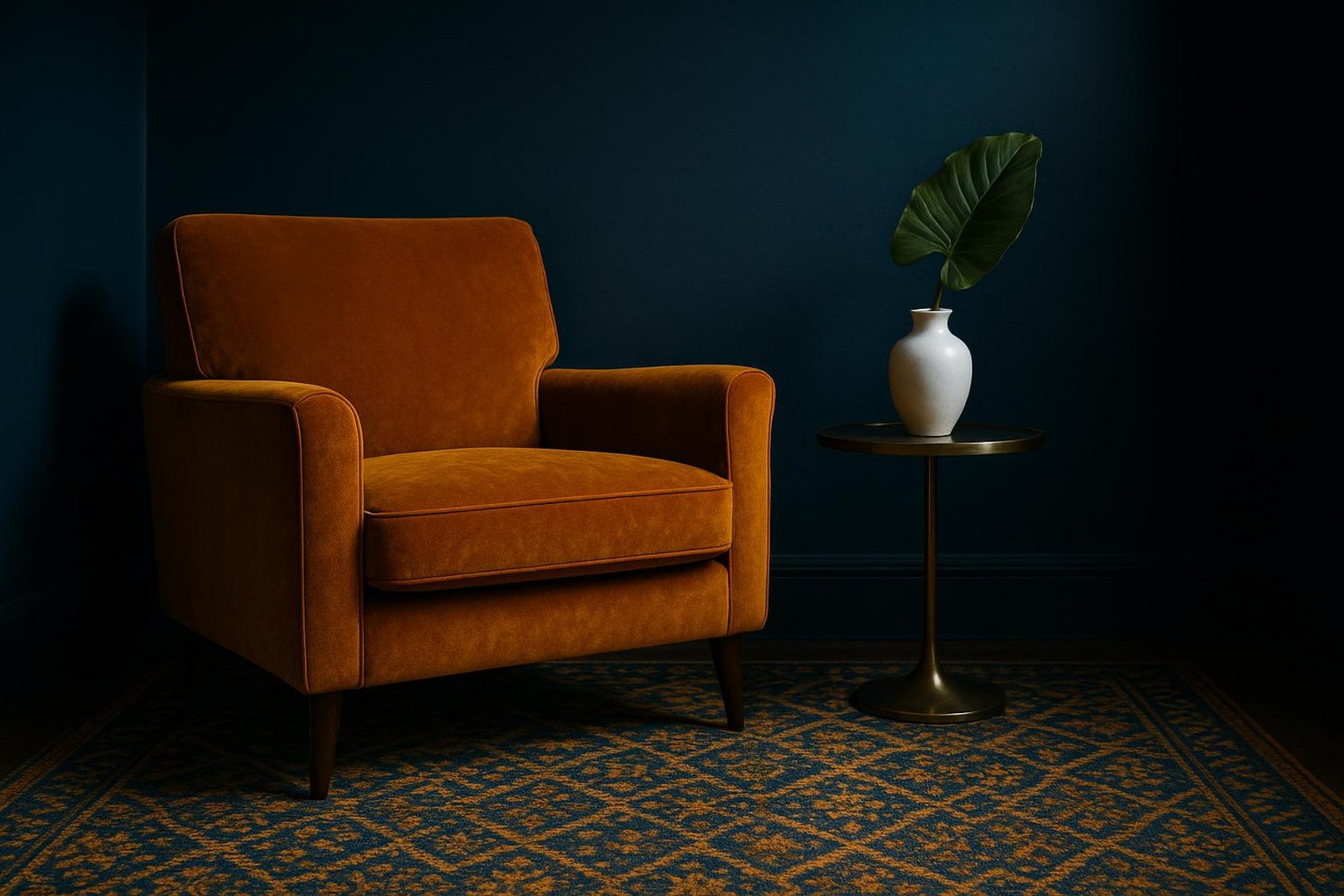 Fotorealistische Innenaufnahme einer eleganten Raumecke mit einem satten Kurkuma-Samt-Statement-Sessel vor einer dunkel petrolblauen Wand und einem gemusterten Teppich.
