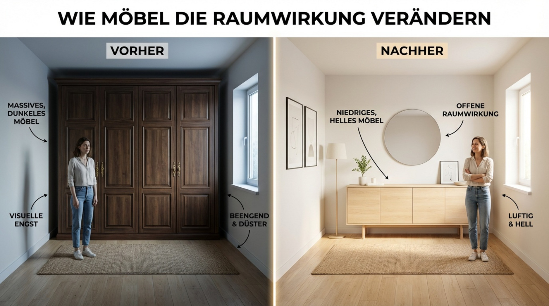 Gegenüberstellung eines kleinen dunklen Zimmers mit einem großen Schrank und eines hellen, offenen Raums mit niedriger Kommode