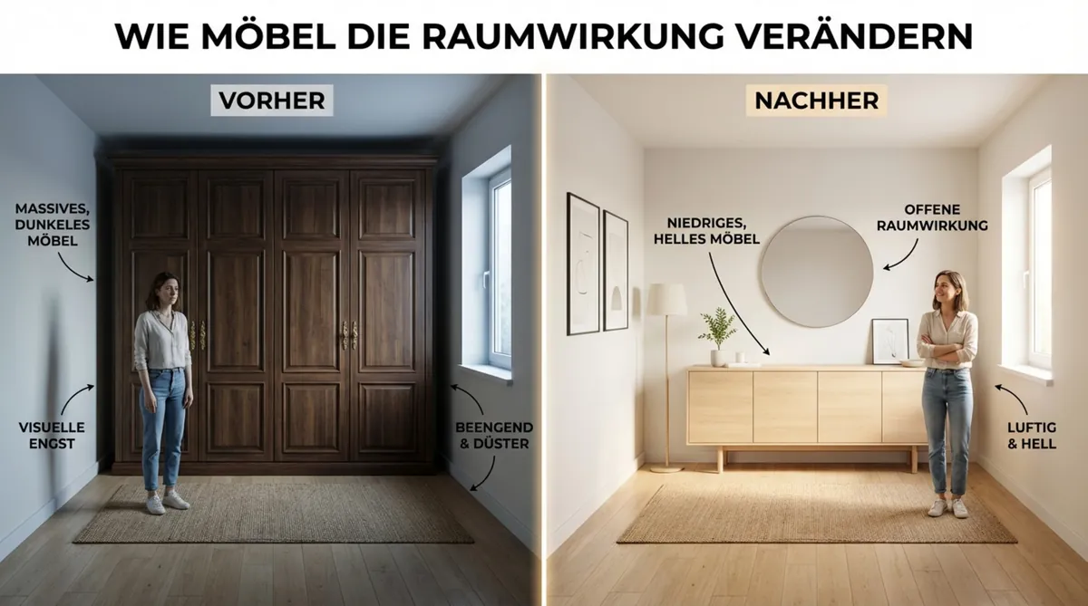 Gegenüberstellung eines kleinen dunklen Zimmers mit einem großen Schrank und eines hellen, offenen Raums mit niedriger Kommode