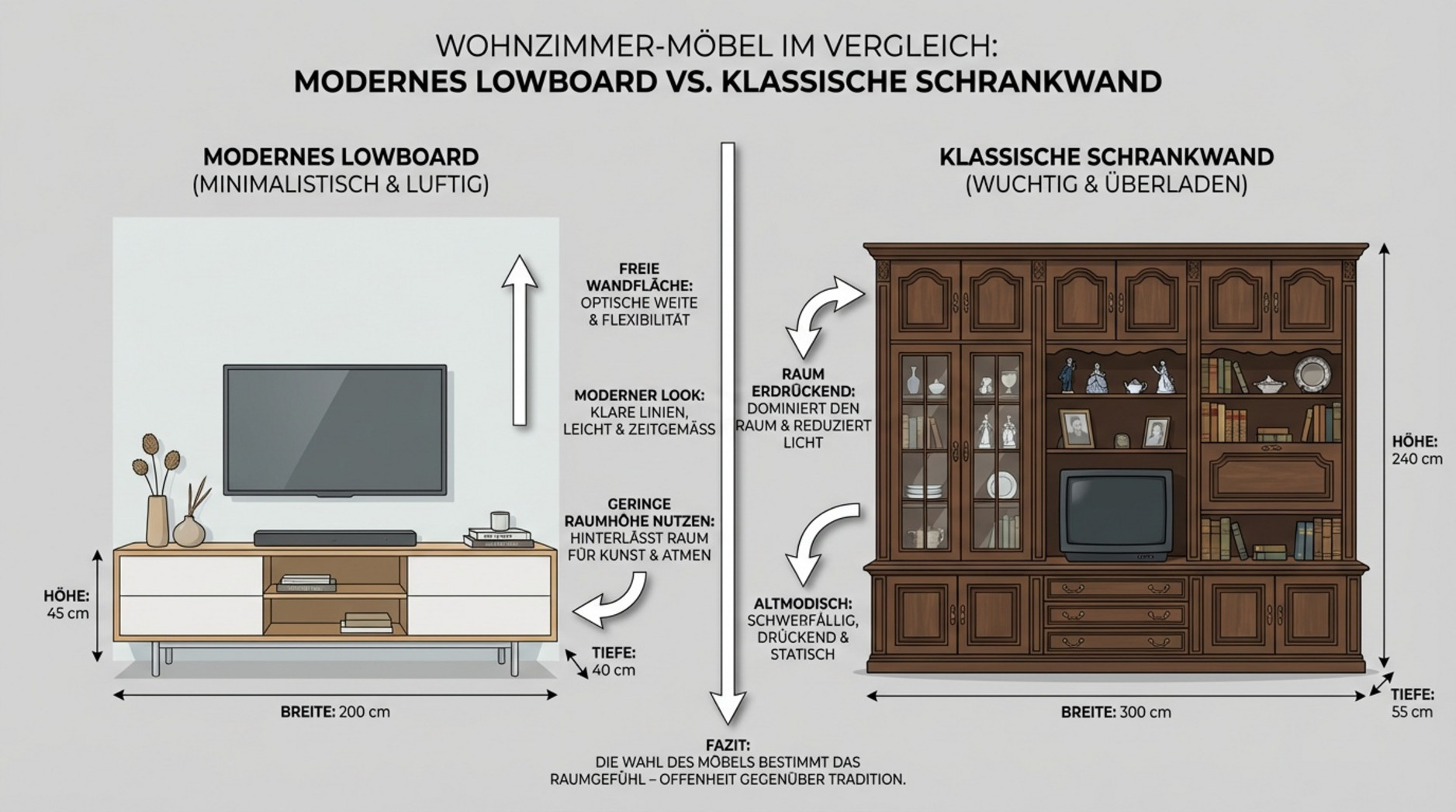 Moderne Lowboard und klassische Schrankwand im Vergleich, zeigt die Unterschiede in Design und Raumwirkung.
