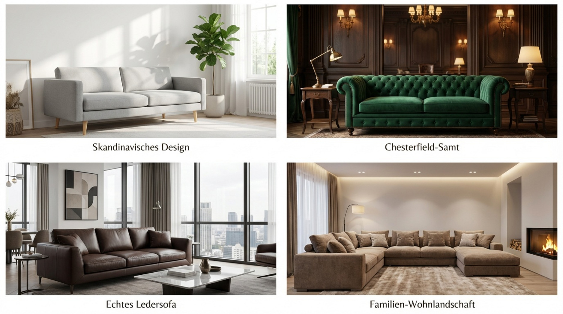 Fotocollage zeigt verschiedene Sofas ohne Schlaffunktion in stilvollen Wohnräumen.