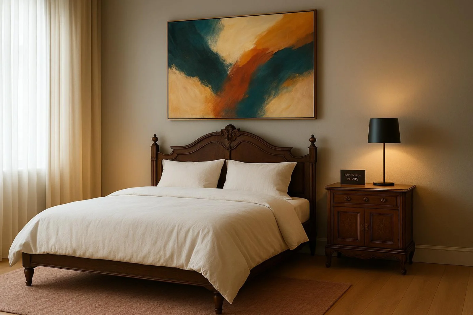 Ein stilvolles Schlafzimmer kombiniert Vintage- und moderne Elemente mit einem antiken Bett und zeitgenössischer Kunst.