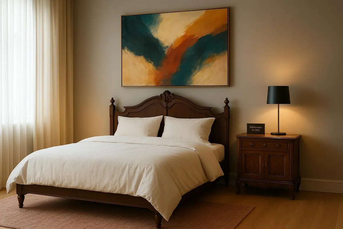 Ein stilvolles Schlafzimmer kombiniert Vintage- und moderne Elemente mit einem antiken Bett und zeitgenössischer Kunst.