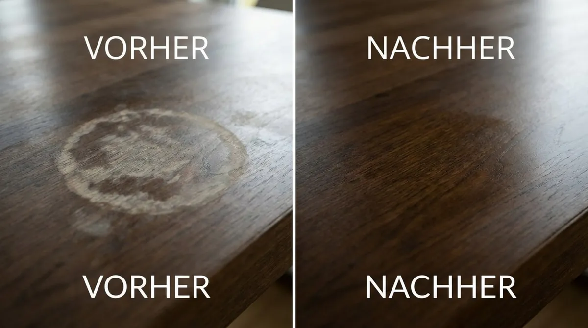 Ein Vorher-Nachher-Bild zeigt einen Wasserfleck auf einer Tischplatte, der nach Behandlung verschwunden ist und die Oberfläche glatt erscheint.