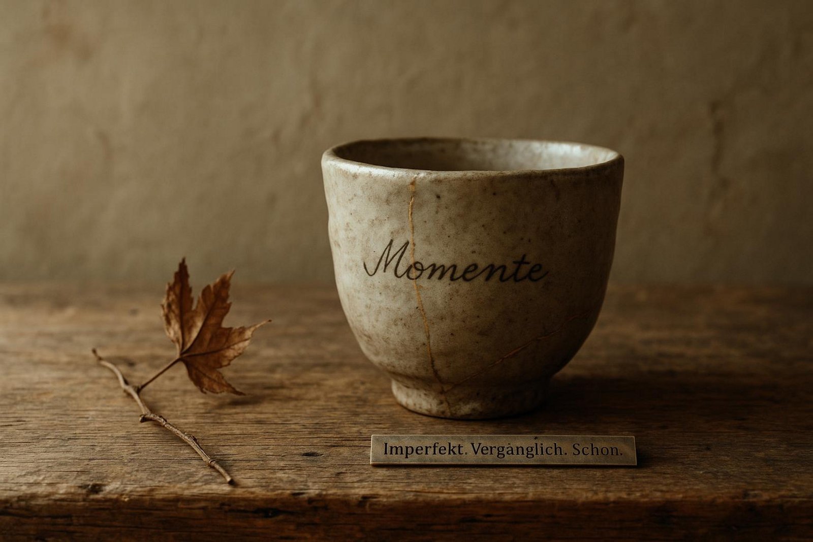 Stimmungsvolle Aufnahme einer handgefertigten Keramik-Teetasse mit unperfekter Glasur auf einem alten Holztisch neben einem trockenen Zweig.