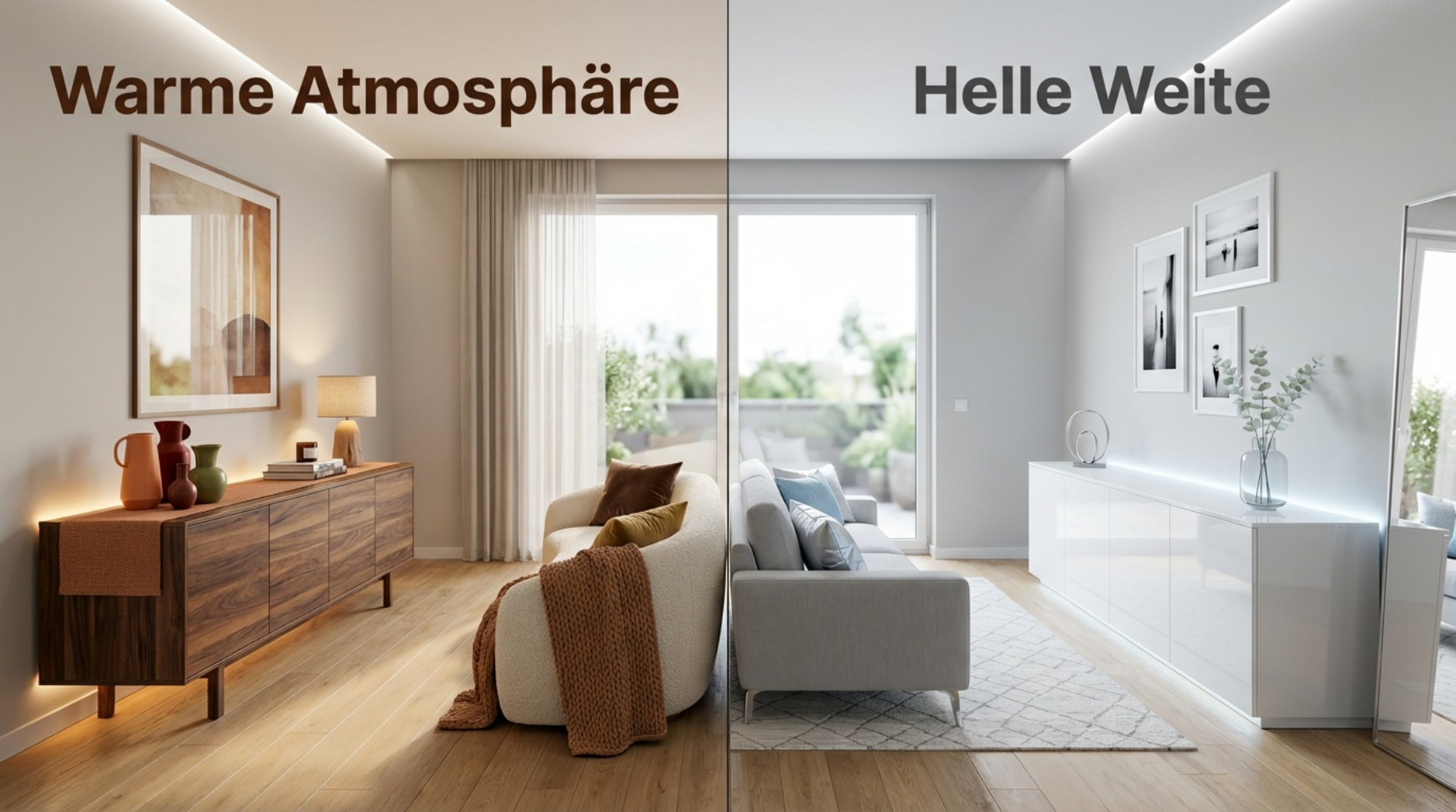 Vergleich zweier TV-Schränke in einem Raum mit unterschiedlichen Atmosphären