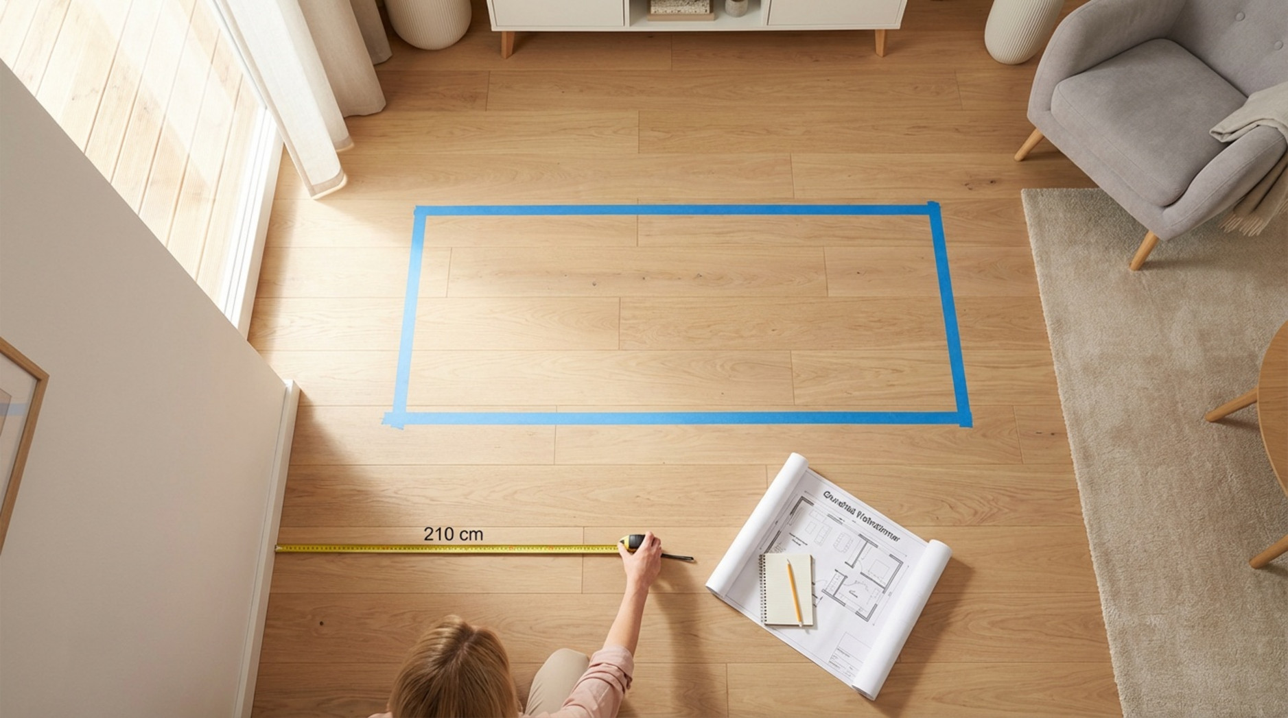Fotorealistische Vogelperspektive eines Wohnzimmers mit abgeklebt Sofa und einer Person, die den Abstand zur Wand misst, zeigt sorgfältige Raumplanung.