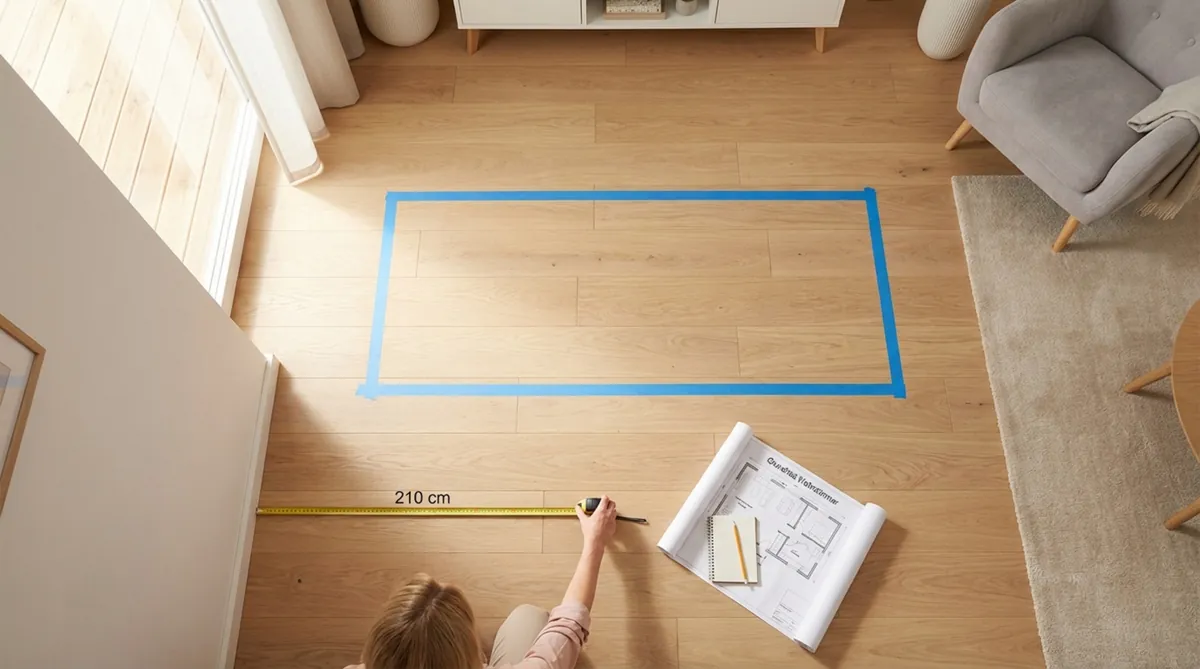 Fotorealistische Vogelperspektive eines Wohnzimmers mit abgeklebt Sofa und einer Person, die den Abstand zur Wand misst, zeigt sorgfältige Raumplanung.