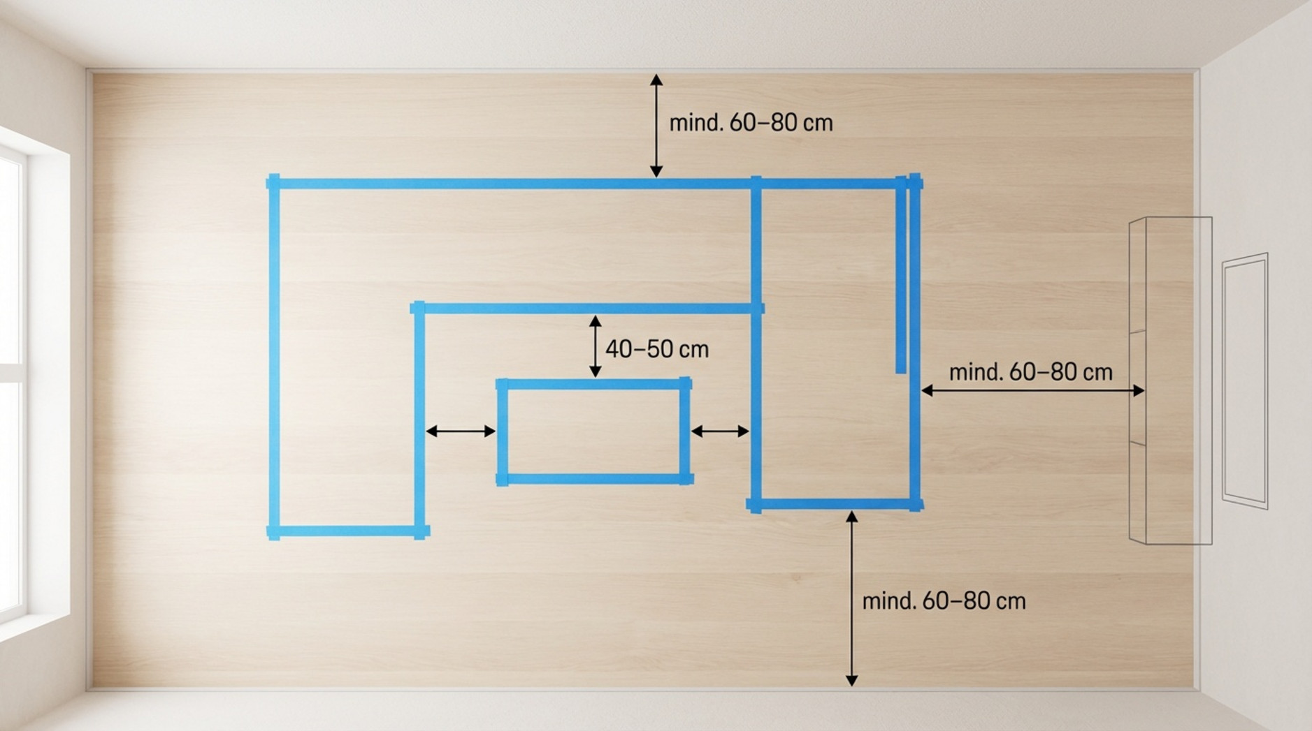 Übersichtliche Infografik zeigt die richtige Platzierung eines XXL-Sofas im Wohnzimmer mit Abstandsangaben und Markierungen.