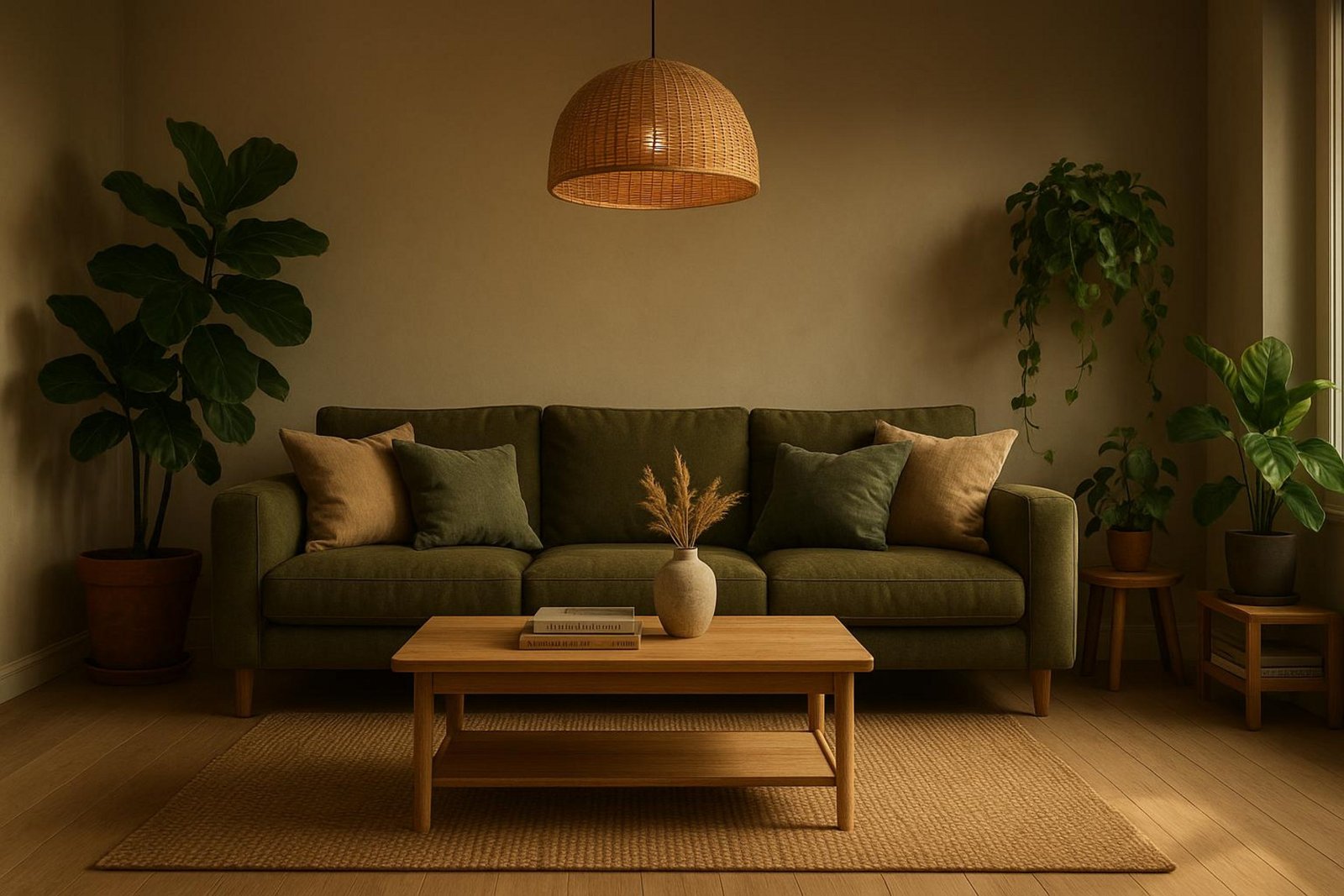 Innenaufnahme eines modernen Wohnzimmers mit Sandfarbenen Wänden und einem Olivgrünen Sofa als Mittelpunkt