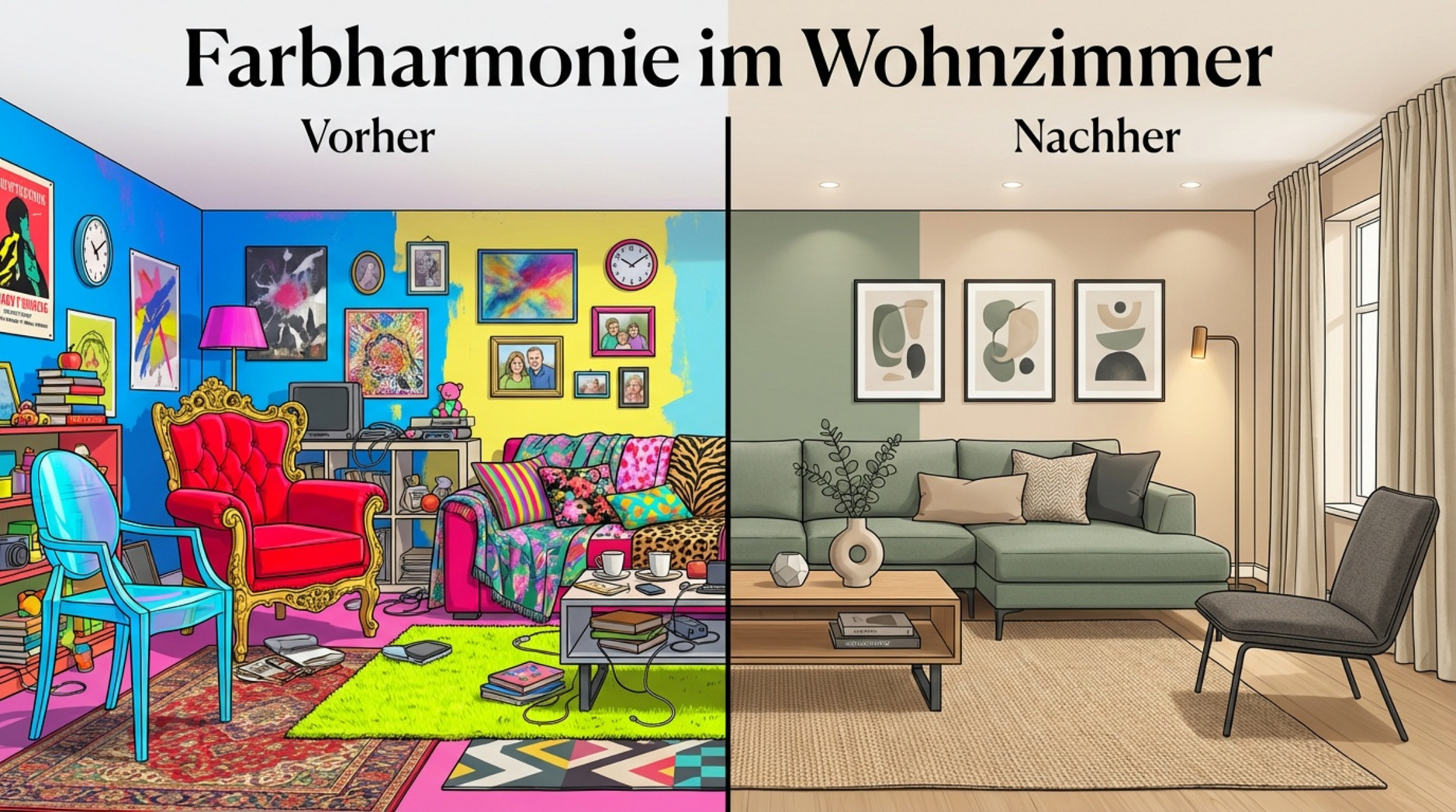 Vergleich eines unruhigen und eines harmonischen Wohnzimmers in einer Infografik.