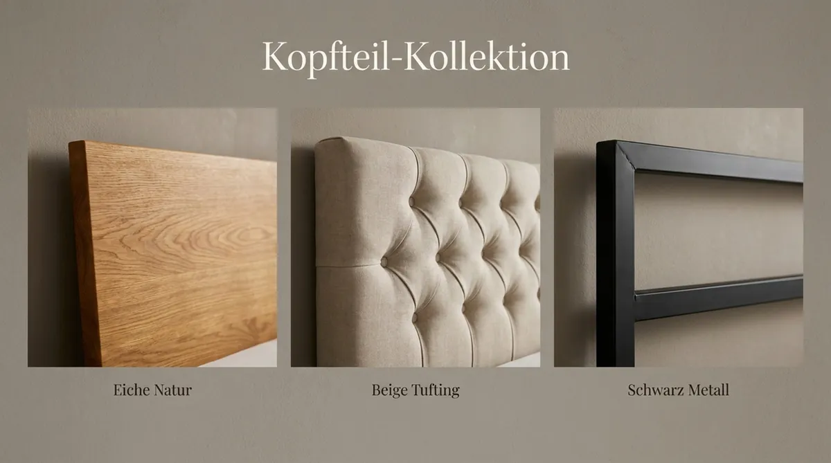 Vergleich von drei Bettkopfteilen aus Eiche, beige gepolstertem Tufting und schwarzem Metall