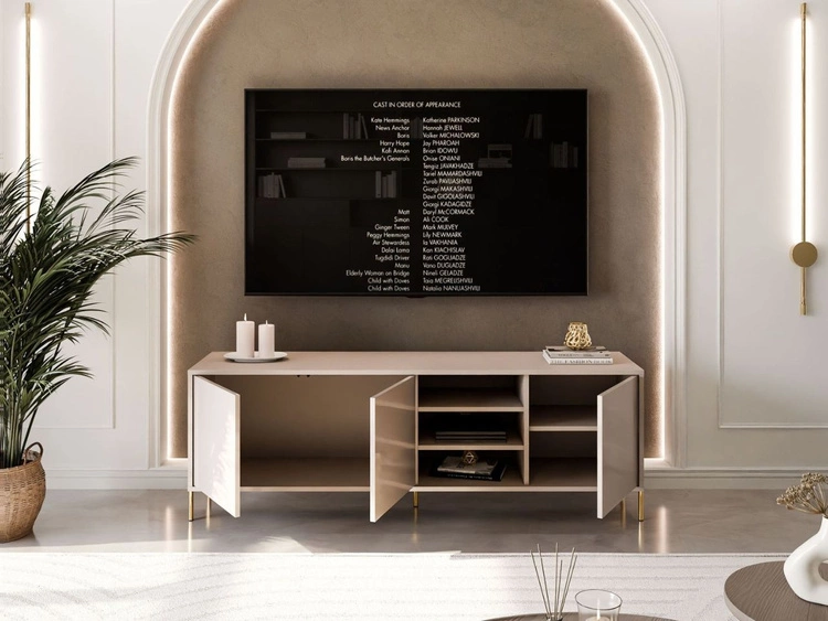 TV-Lowboard im Glamour-Stil mit Türen auf geraden goldenen Füßen Vivance, Kaschmir Hochglanz
