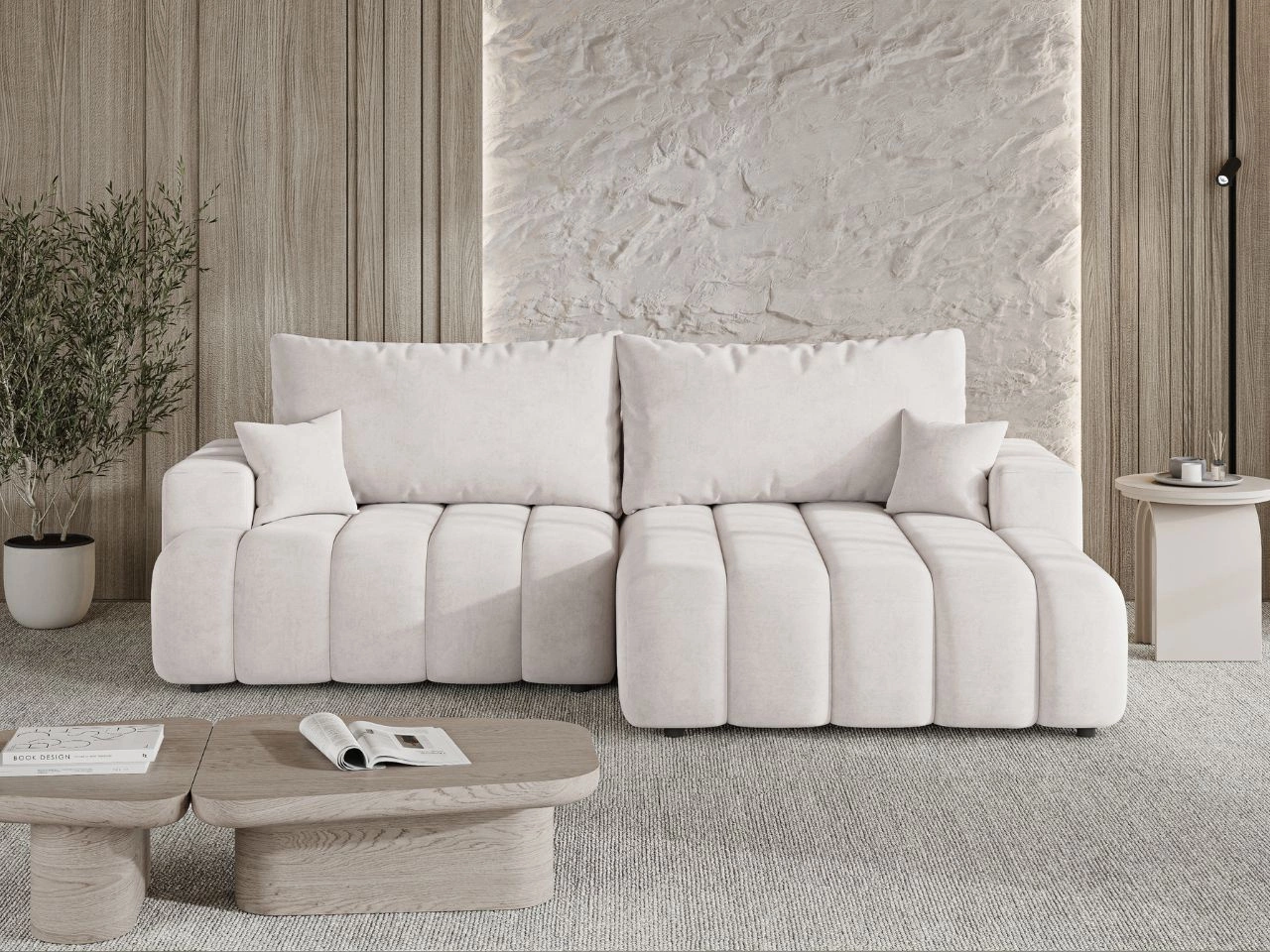 Ecksofa L-Form Rechts mit Schlaffunktion und Bettkasten Caleo Creme