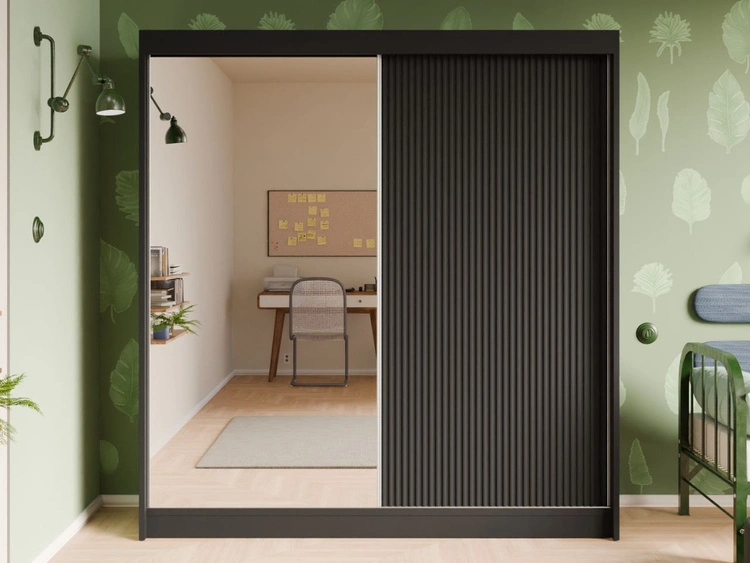 Schiebetürenschrank mit geriffelter Front und Spiegel 200 cm Fano Schwarz