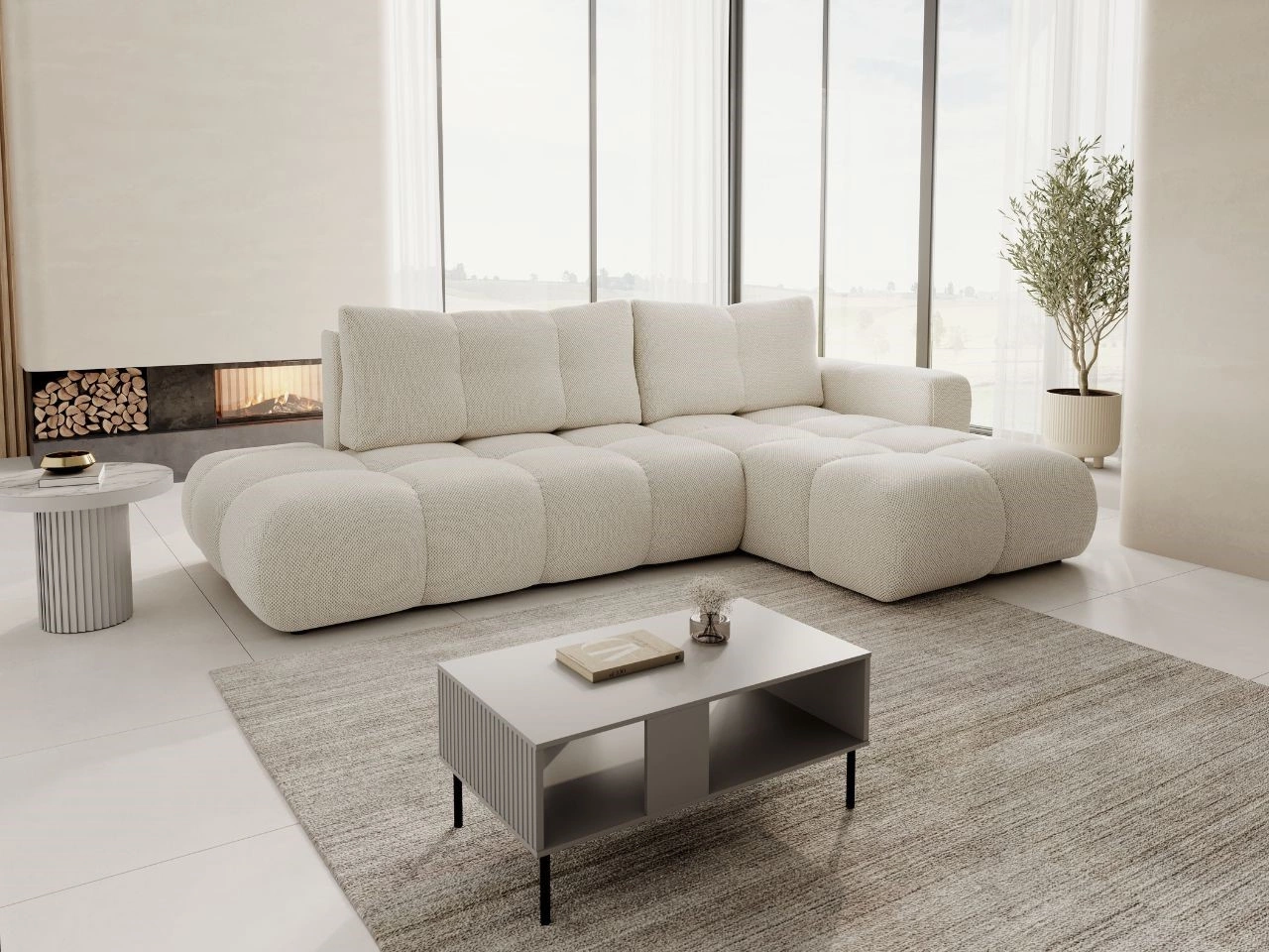 Ecksofa L-Form Rechts mit Schlaffunktion und Bettkasten Sile L Dunkelbeige