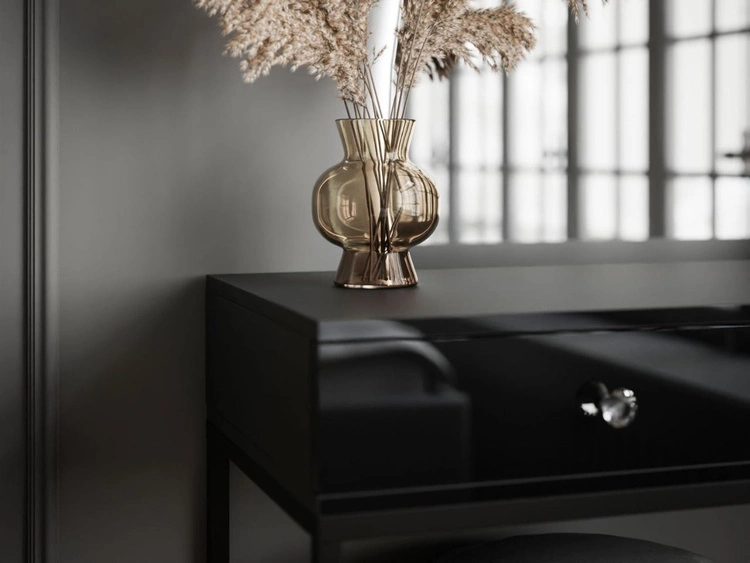 Kosmetiktisch linksseitig mit Schubladen und LED-Beleuchtung auf schwarzen Beinen Clarette Schwarz Hochglanz