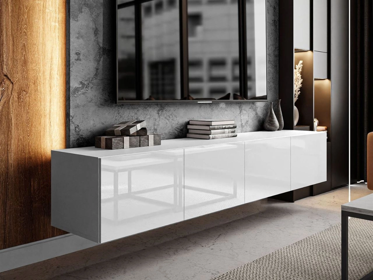 Hängeschrank mit Türen 200 cm Nodoo Weiß Hochglanz