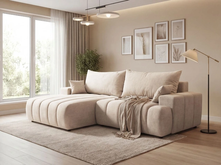 Ecksofa L-Form Links mit Schlaffunktion und Bettkasten Caleo Beige