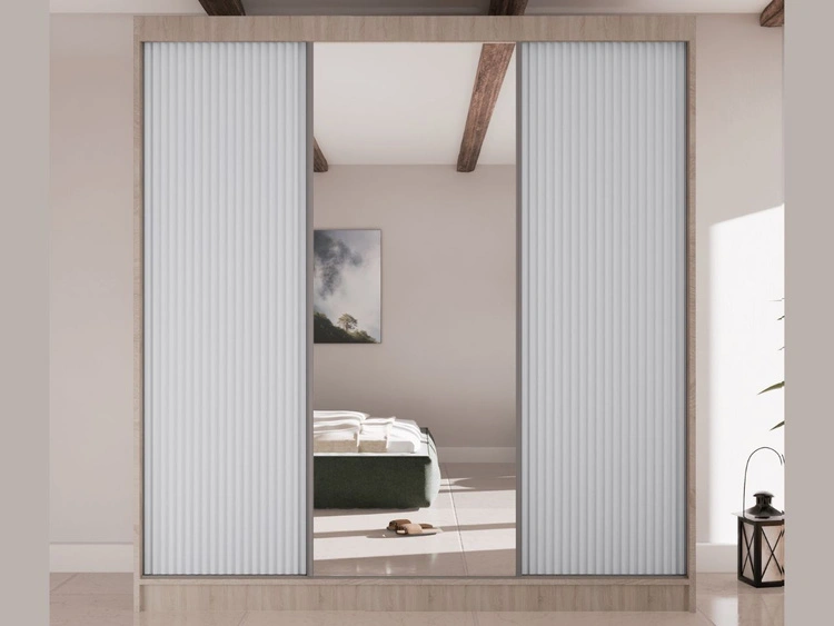 Schiebetürenschrank mit geriffelter Front und Spiegel 200 cm Rivas Eiche Sonoma, Weiß