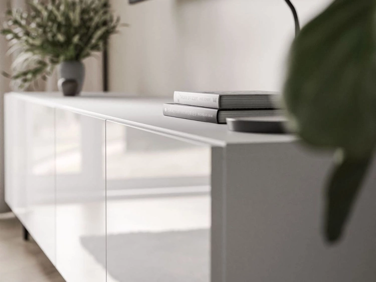 TV-Lowboard mit Türen auf Schwarzen Metallbeinen 200 cm Nodoo Weiß Hochglanz