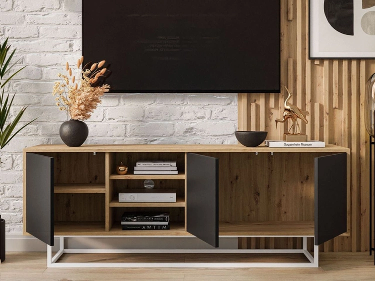 TV-Lowboard mit Türen auf weißem Gestell Vivance Schwarz und Artisan Eiche