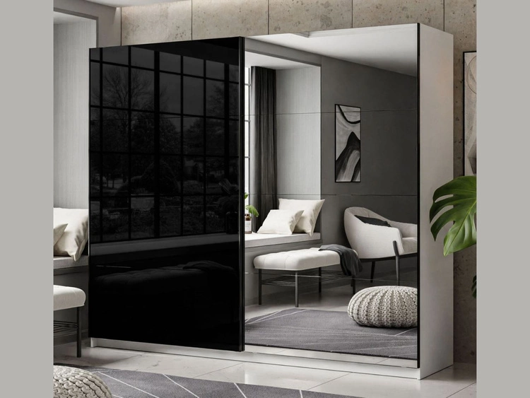 Schwebetürenschrank Zweitüriger mit Spiegel 244 cm Nuveo Schwarz-Weiß Hochglanz