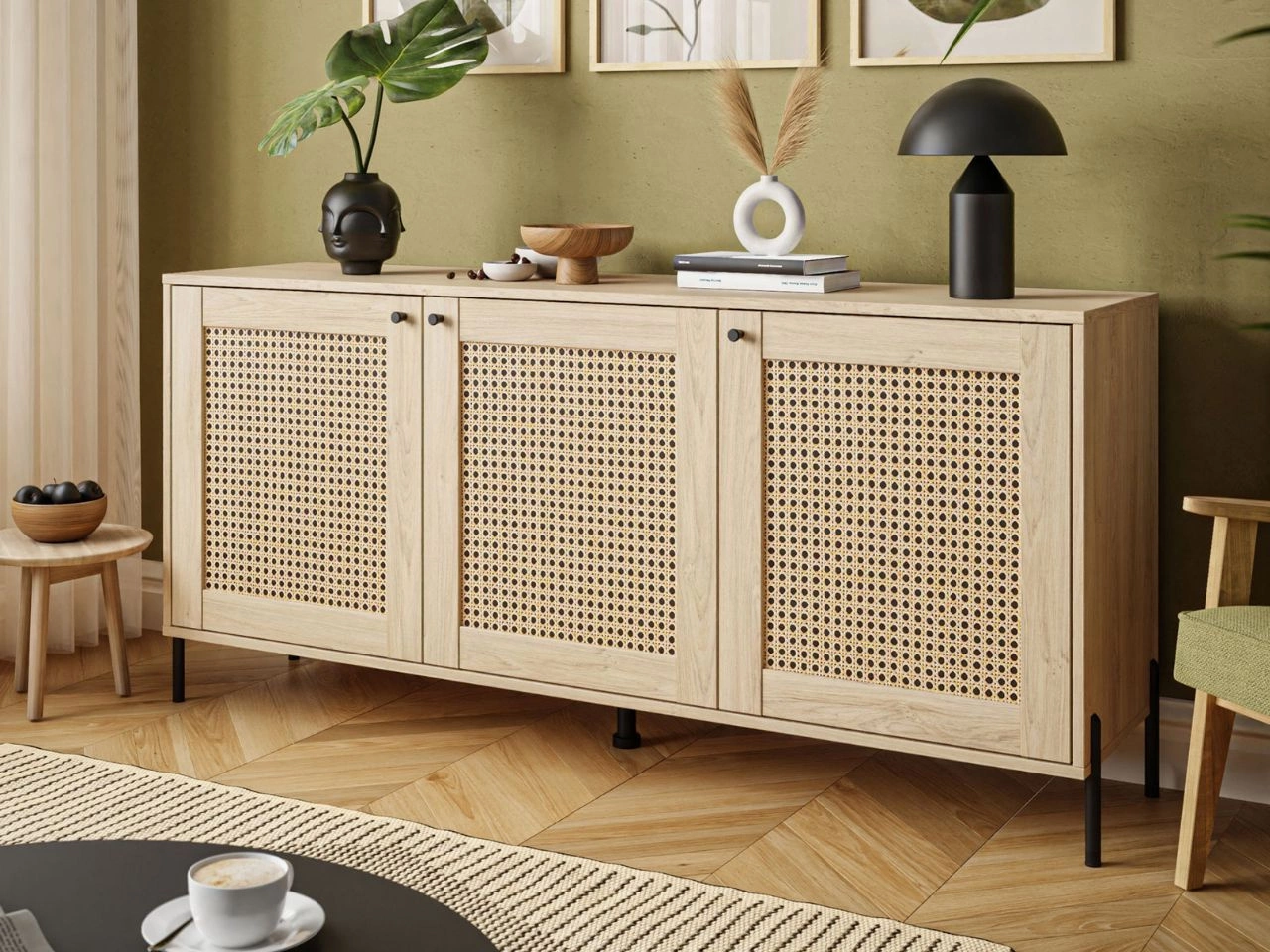 Drehtürkommode mit Flechtmuster im Boho-Stil Bellance Eiche Puccini