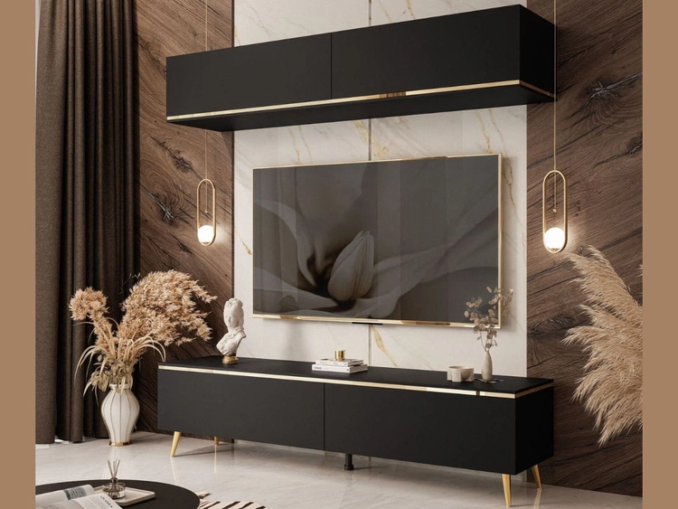 Wohnwand aud goldenen Beinen für das Wohnzimmer Evare Schwarz matt