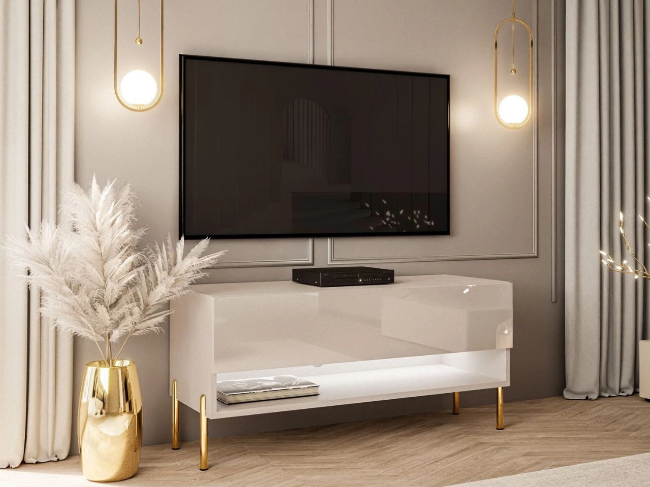TV-Schrank 90 cm mit LED-Beleuchtung und goldenen Metallbeinen Aurelie Kaschmir Hochglanz