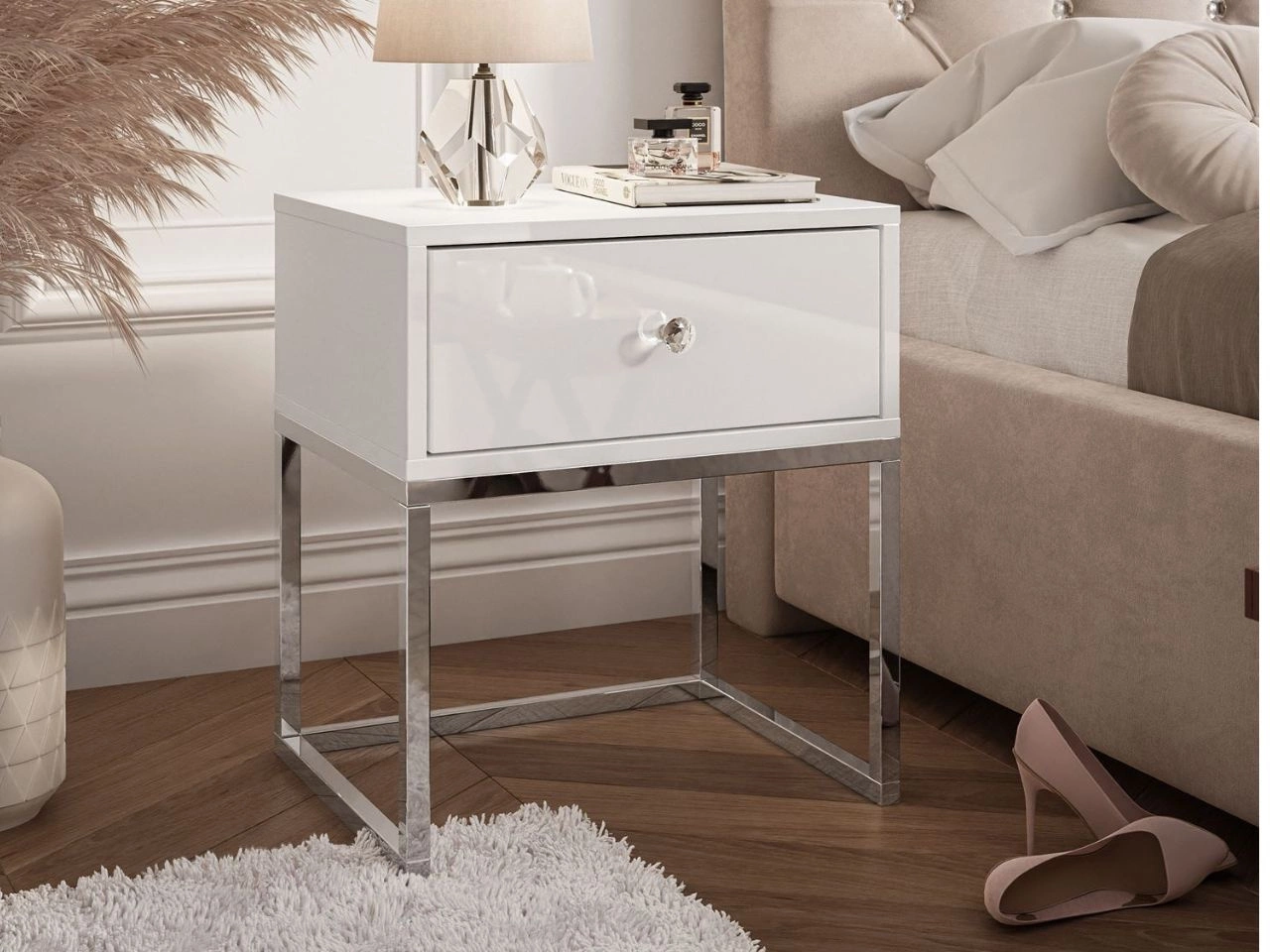 Nachttisch Glamour mit Schublade und silbernen Gestell Brisa Weiß Hochglanz