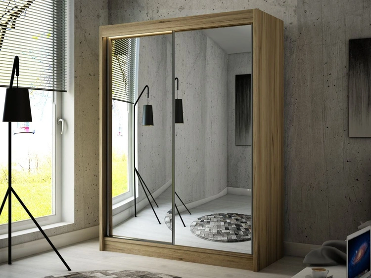 Schiebetürenschrank 150 cm mit Spiegel und LED-Beleuchtung Luzio Handwerk Goldene Eiche