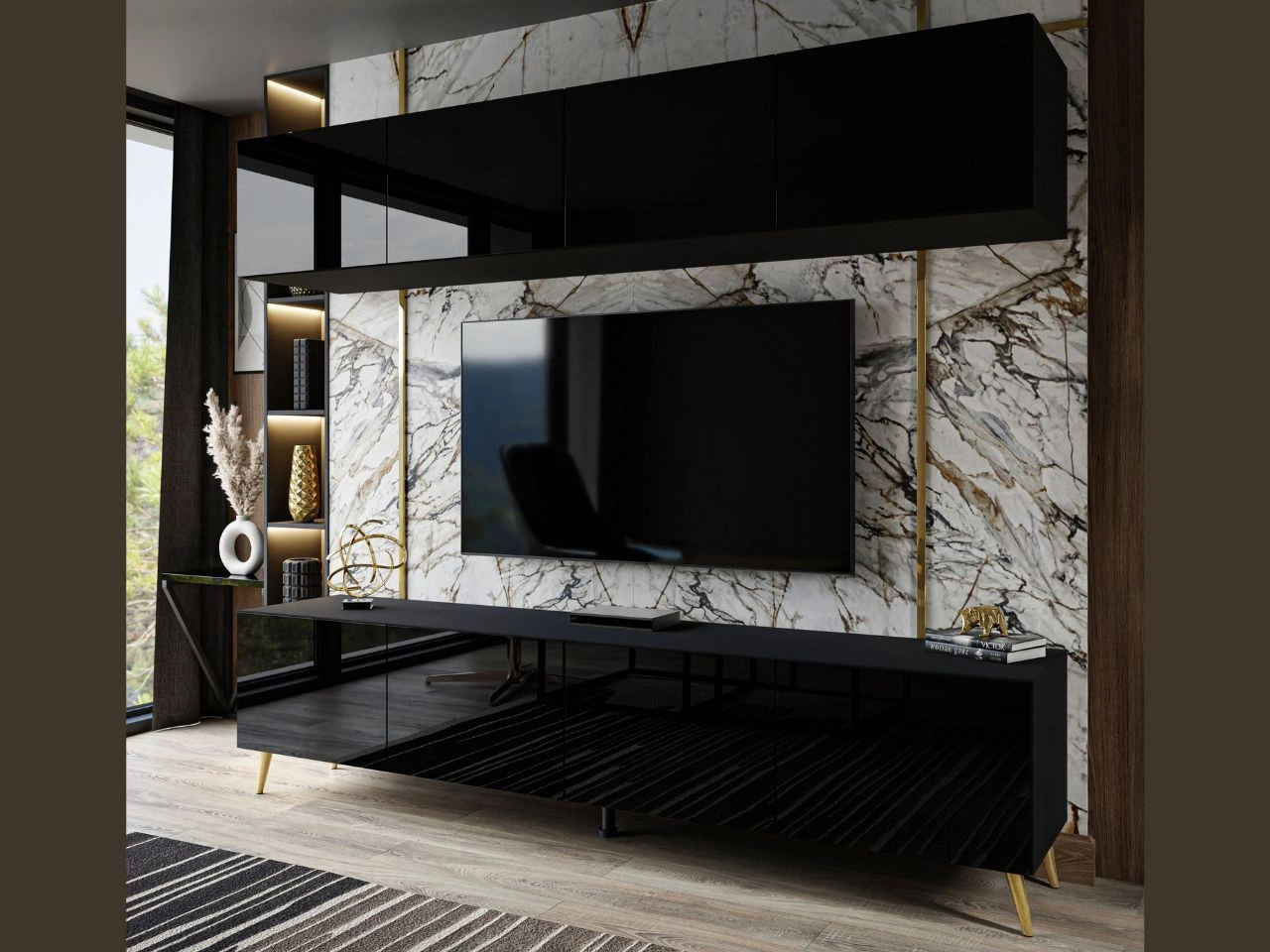 Wohnwand für das Wohnzimmer mit LED-Beleuchtung auf Goldenen Metallbeinen Noaé Schwarz Hochglanz