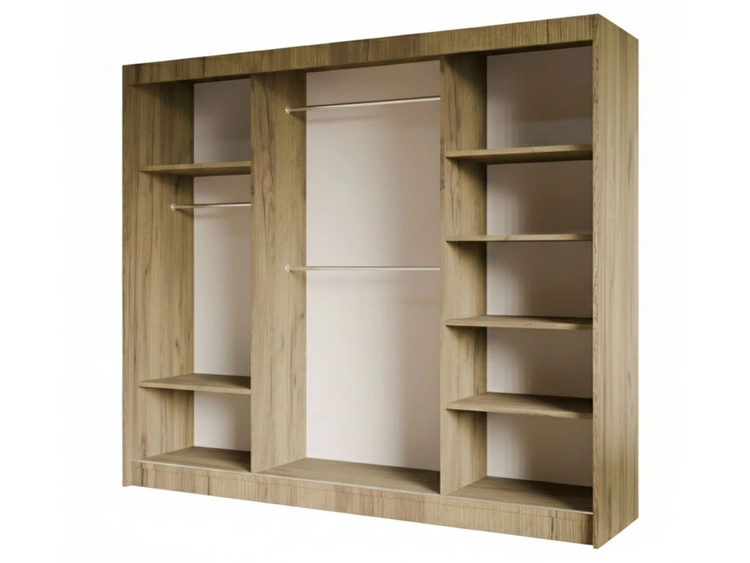 Schiebetürenschrank mit geriffelter Front und Spiegel 250 cm Fano Handwerk Goldene Eiche, Weiß