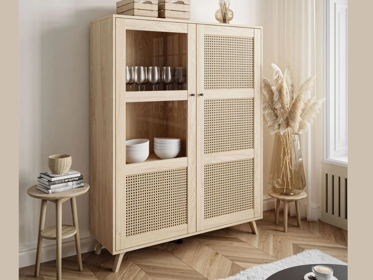 Standvitrine im Boho-Stil Verglaste Bellance Eiche Puccini