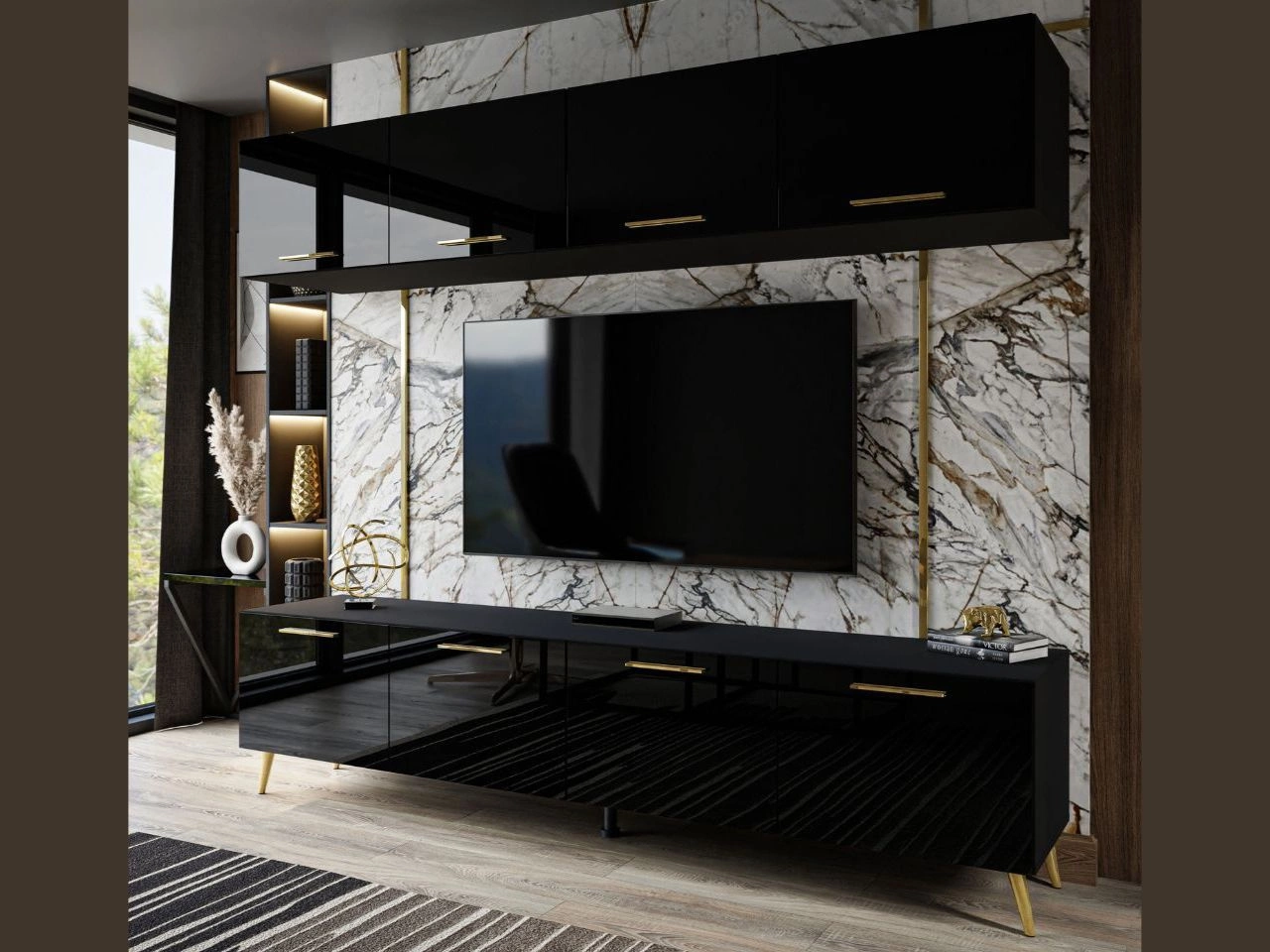 Wohnwand für das Wohnzimmer mit LED-Beleuchtung auf Goldenen Metallbeinen Noaé Schwarz Hochglanz