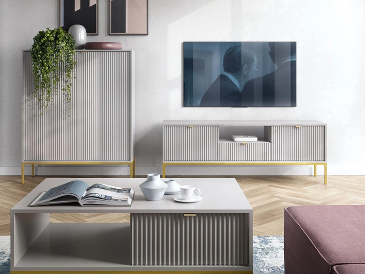 TV-Lowboard mit Schublade und Türen Amber Grau auf goldenen Beinen