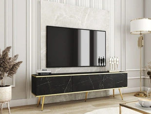 TV-Lowboard mit Türen 175 cm Diolo Schwarzer Marmor mit glatter Front auf goldenen Beinen