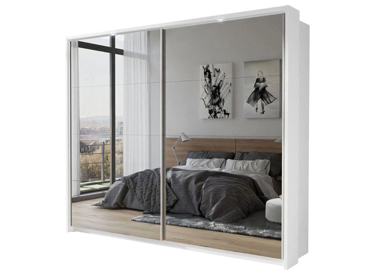 Schwebetürenschrank Zweitüriger mit Aufsatz und Spiegeln 254 cm Nuveo Weiß Hochglanz