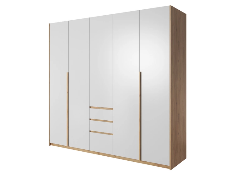 Fünftüriger Kleiderschrank mit Drehtüren und LED-Beleuchtung Baffi Eiche Craft Gold, Weiß