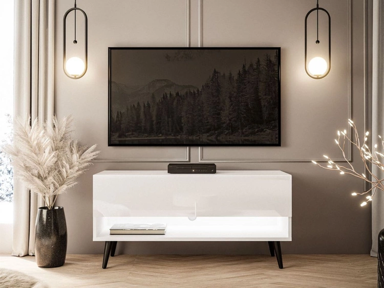 TV-Schrank 90 cm mit LED-Beleuchtung und schwarzen Beinen Aurelie Weiß Hochglanz