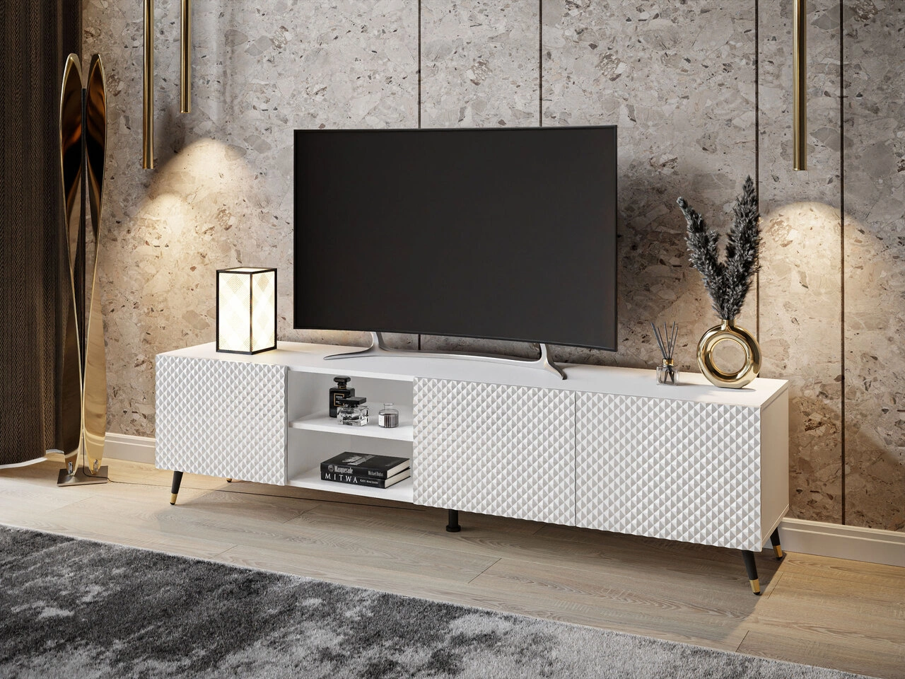TV-Schrank mit 3D-gefrästen Fronten und schwarz-goldene Metallbeinen Celiane Weiß Glanz