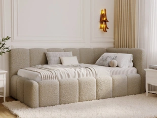 Jugendbett Einzelbett mit Bettkasten und Lattenrost 90x200 Cloud One Dunkelbeige Bouclé-Stoff