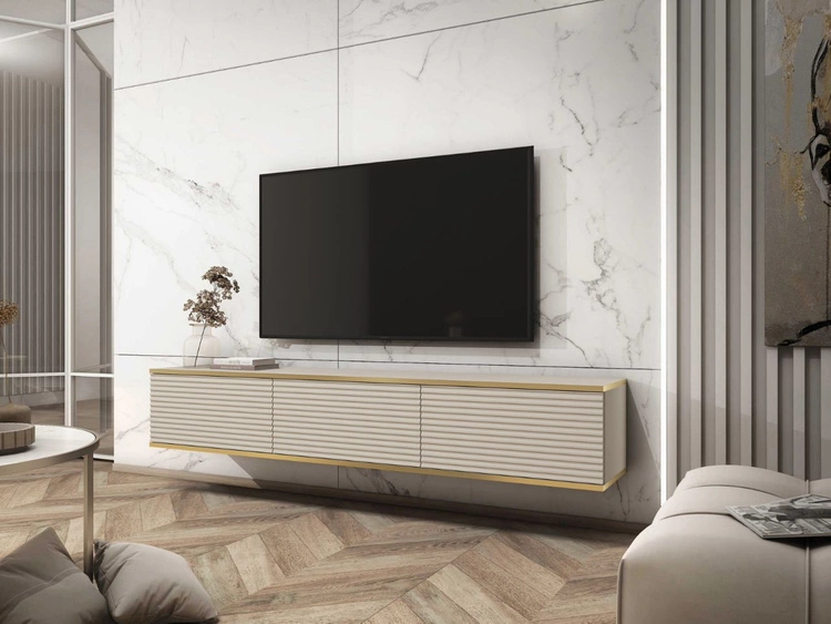 TV-Lowboard Hänge mit Türen 175 cm Diolo Beige mit geriffelter Vorderseit