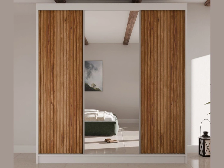 Schiebetürenschrank mit geriffelter Front und Spiegel 200 cm Rivas Weiß, Catania