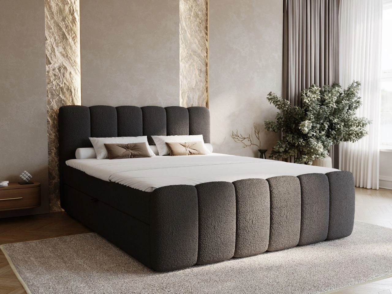 Boxspringbett mit Bettkasten 180x200 Bouclé-Stoff Cloud Schwarz