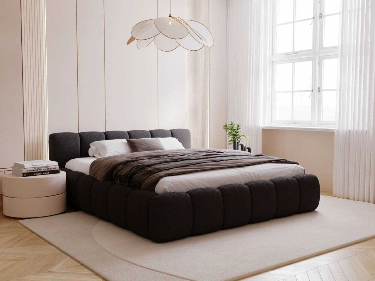 Polsterbett mit Bettkasten und Lattenrost 180x200 Cloud Low Bouclé-Stoff Schwarz