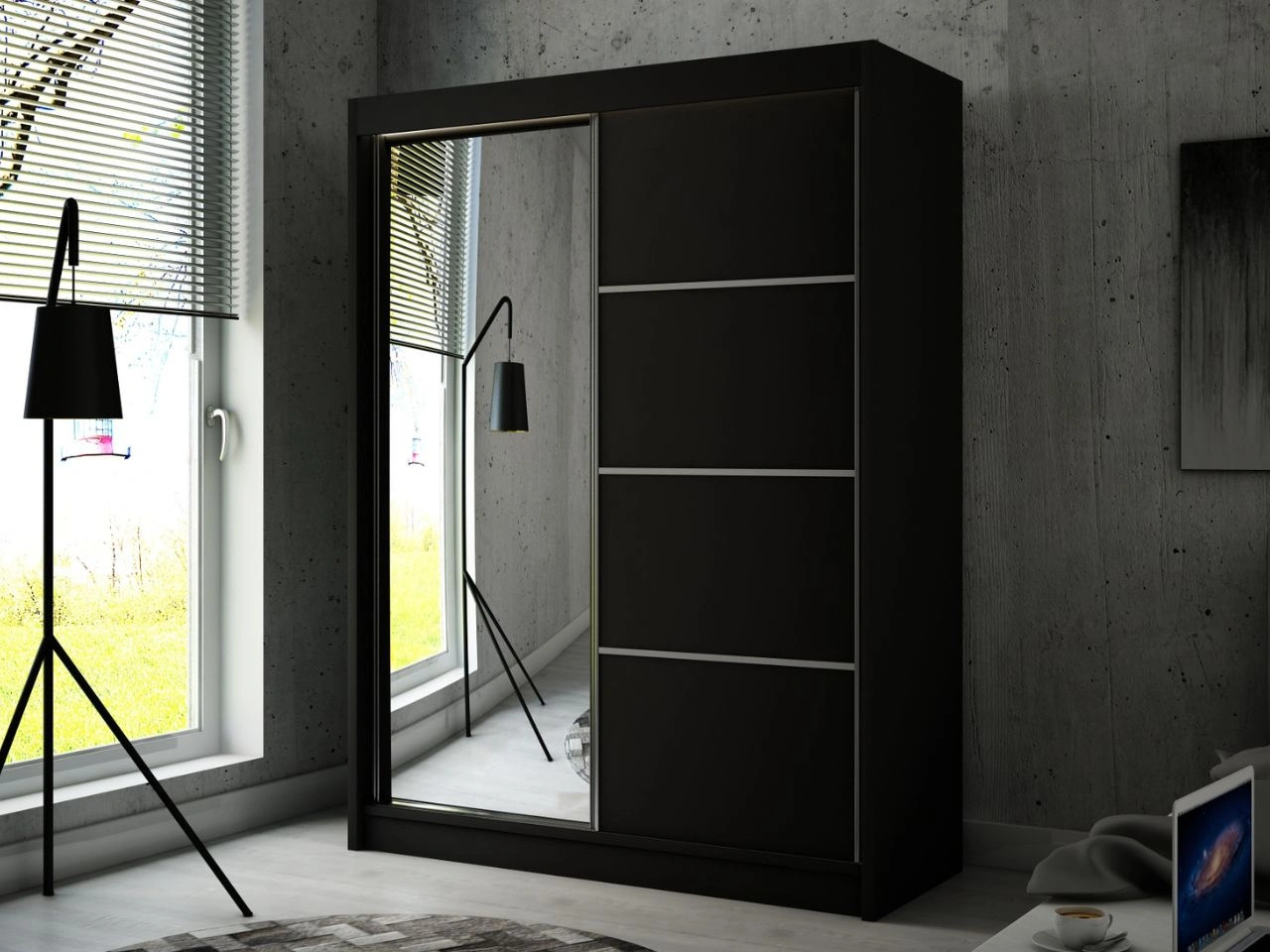 Schiebetürenschrank mit Spiegel 150 cm mit LED-Beleuchtung Portel Schwarz