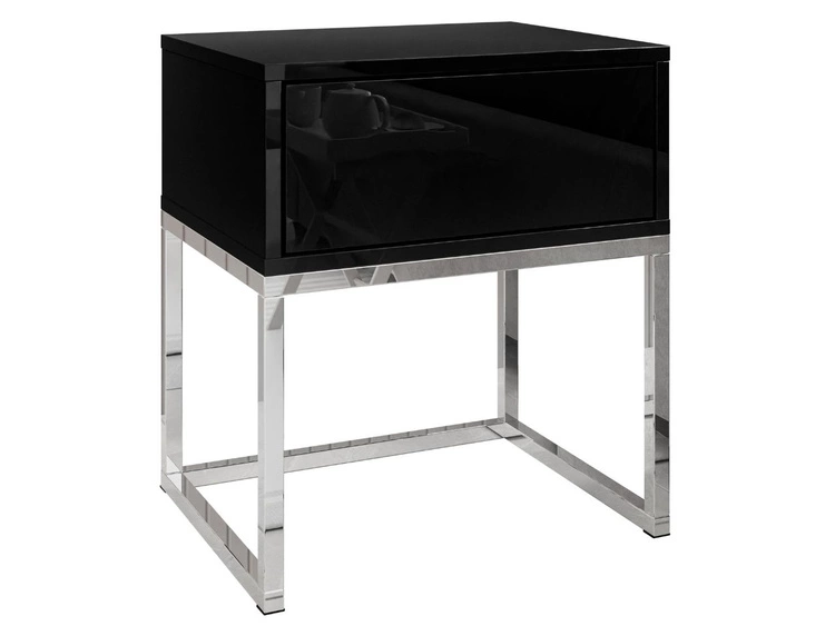 Nachttisch mit Schublade und silbernen Gestell Brisa Schwarz Hochglanz