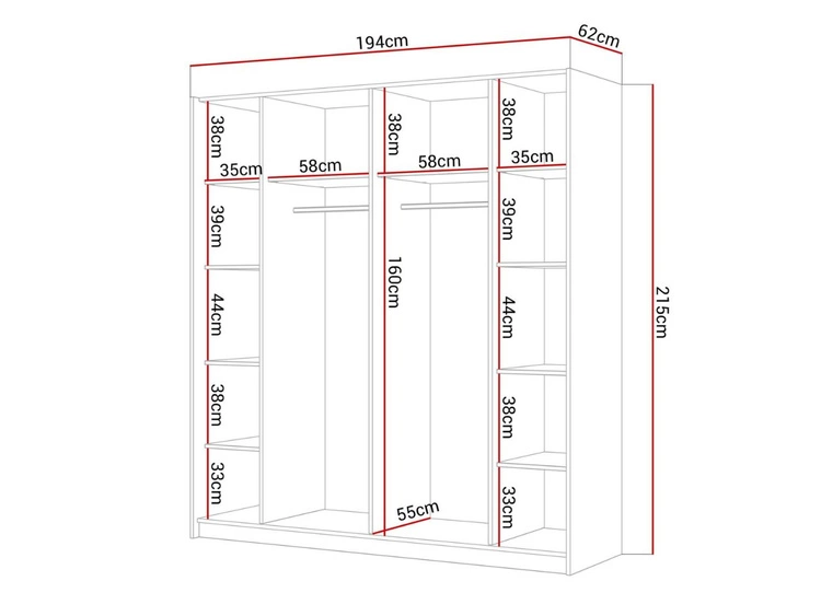 Schwebetürenschrank Zweitüriger mit Spiegel 194 cm Nuveo Schwarz Hochglanz